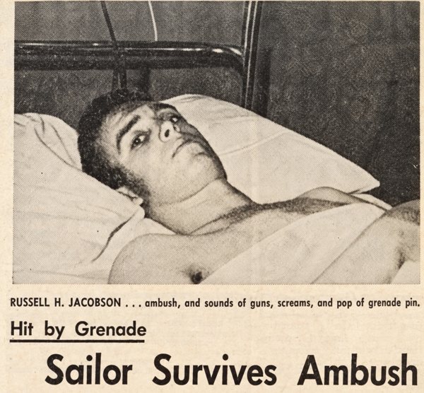 Newspaper clipping, 1967: Russell H. Jacobson in a hospital bed at Chelsea Naval Hospital, under the headline “Sailor Survives Ambush.”